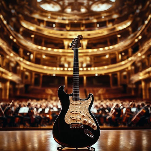 Intense composition pairing powerful electric guitar riffs with full symphonic orchestra, embodying the grandeur of classical music with rock's energetic drive for an epic soundscape.