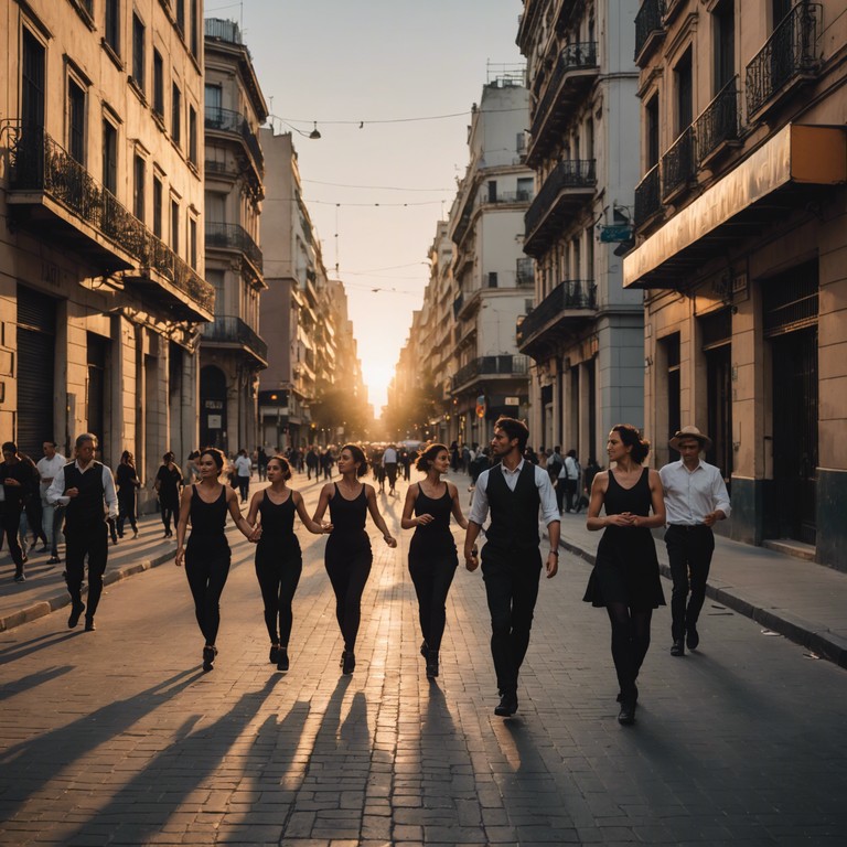 Imagine a lively street in buenos aires at daybreak, where dancers gather to express joy through traditional tango rhythms. The music navigates the connection between the festive atmosphere and the deeply emotional undertones of the dance, offering a unique and captivating listening experience.