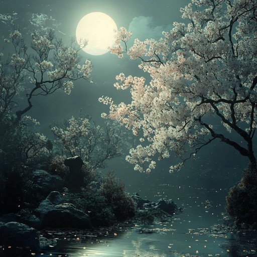 A captivating instrumental j pop track that transports listeners to a moonlit night under cherry blossoms. Ethereal synthesizers blend with traditional japanese instruments, creating a mysterious and enchanting atmosphere. The dynamic range shifts from quiet, introspective moments to climactic crescendos, perfect for evoking the beauty and mystery of a starlit japanese garden.