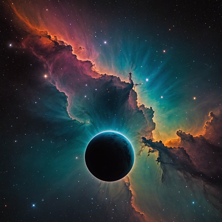 An instrumental piece, resembling the significant yet silent interstellar events with soft tones and ethereal whispers, illustrating the sound of a solar eclipse as viewed from a distant nebula. The composition relies heavily on resonant, spacey undertones mixed with high pitched ethereal chimes symbolizing light piercing through the cosmic shadows.