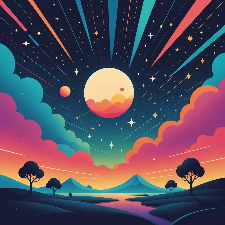 This track embodies a journey through a mind altering soundscape filled with psychedelic elements and shimmering echo effects. Designed to enrapture the listener's senses, the composition layers intricate sound patterns that mimic the cascading nature of dreams, rendered vividly through the use of a crystal clear electric guitar. The mood shifts subtly throughout, suggesting a narrative of exploration and inner discovery within a surreal, glittery universe.