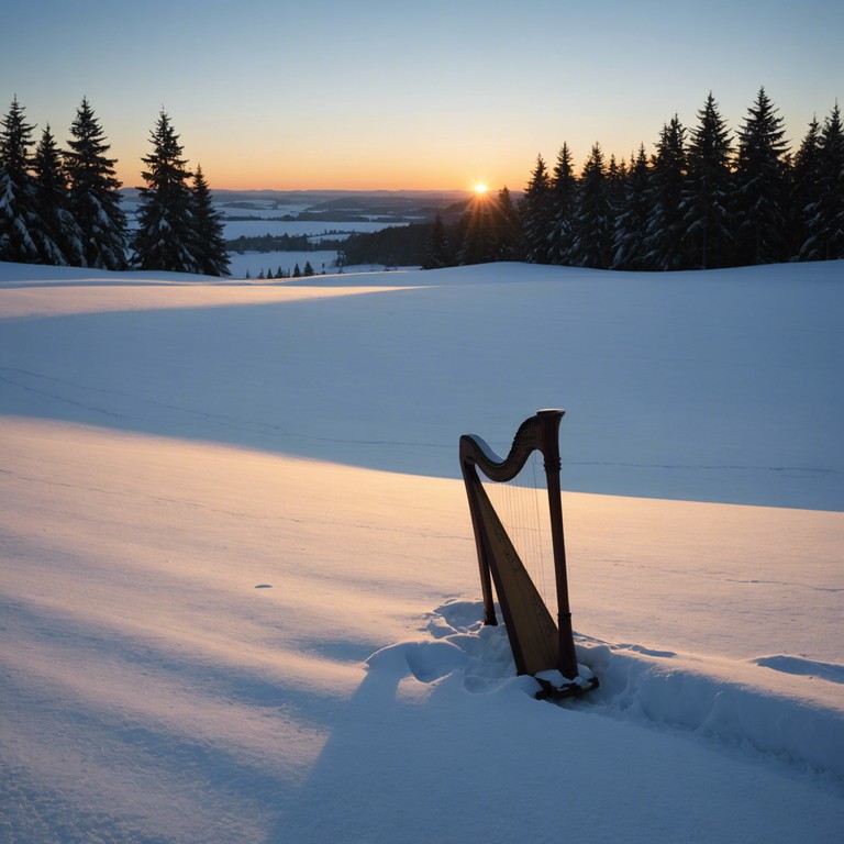 The composition evokes an auditory journey through a snowy landscape under a star lit sky, where each note of the harp resonates with the quietness of falling snow and the soft joy of the season.