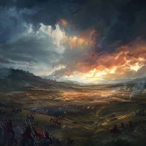 A dramatic orchestral piece that captures the intensity of a grand battle, with powerful strings, soaring brass, and thundering percussion. The music builds from a foreboding start to a powerful climax, keeping listeners on the edge of their seats. Perfect for scenes of heroism and epic confrontations.