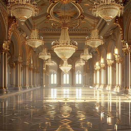 Imagine an opulent palace ballroom filled with elegantly dressed nobility, attending a grand orchestral performance reminiscent of ancient courtly traditions. The lavish decor, glittering chandeliers, and the crisp, clear notes of the music create an atmosphere of timeless majesty and sophistication.