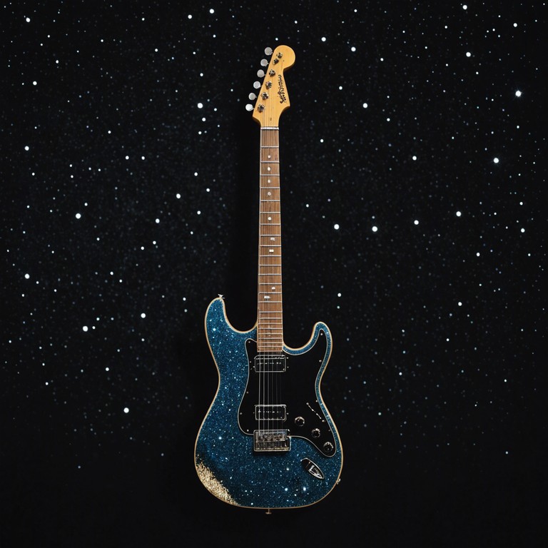An instrumental epic that blends soaring electric guitar solos with a backdrop of astral and lush synthetic orchestration, constructing a soundscape of cosmic proportions reminiscent of 70s glam rock infused with contemporary energy. High pitched melodies and electrifying riffs convey a tale of interstellar lovers finding each other in the vast universe, embodying both grandiosity and the intimate touch of stardust filled intimacy.