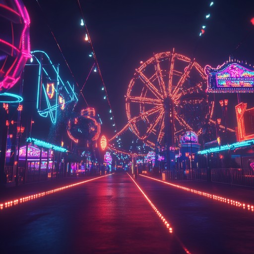 Strolling through a neon lit carnival, surprises at every turn. Playful synths and catchy rhythms meld into a delightful new wave experience. Perfect for those seeking whimsical escape.