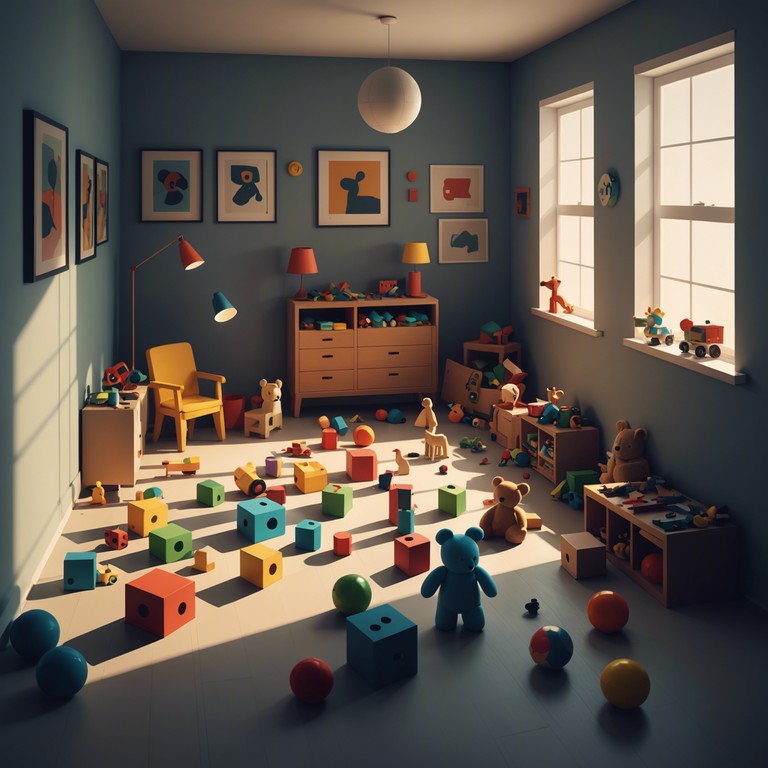 In a dimly lit playroom, as dusk settles, mysterious shadows cast by toys create an immersive soundscape of wonder and slight trepidation. The music captures the essence of a child's imaginative but slightly anxious mind, where every corner of the room whispers secrets of adventures, wrapped in a blanket of playful yet unsettling melodies.