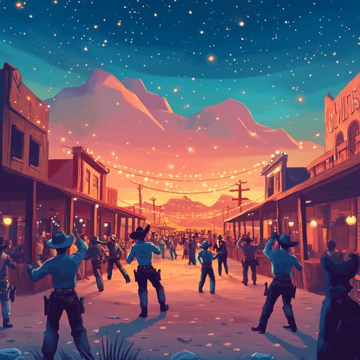 A celebratory fusion of festive energy and western rhythms transports listeners to a bustling saloon filled with dancing cowboys and joyous festivities under the desert stars