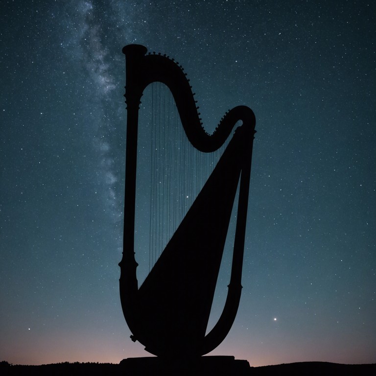 This track is designed to transport the listener to a quiet evening where the only sound is the soft whisper of the night, mirroring the gentle undulations of starlight in a clear sky. The harp's strings gently pluck at the silence, creating a soothing soundscape perfect for meditation or a peaceful night in.