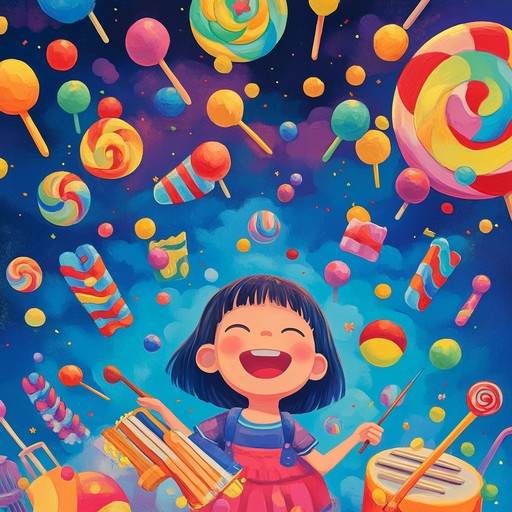 An upbeat instrumental track blending electronic melodies with sounds of toy instruments, creating a joyful atmosphere reminiscent of carefree childhood days exploring candy colored worlds. Whimsical synths mix with tinkling toy pianos and jingling bells, evoking images of bright lollipops, laughter, and sparkling lights.