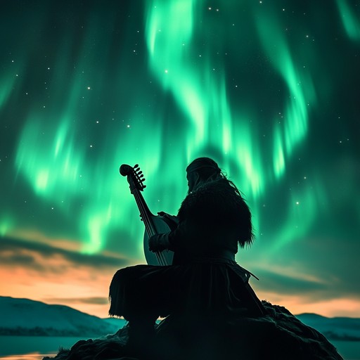 An instrumental metal composition combining intense guitar riffs with traditional nordic instruments, evoking the magic of the northern lights and ancient runes.