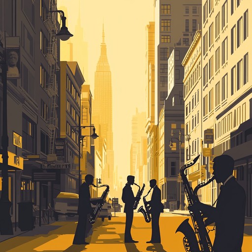 A cheerful instrumental swing track featuring lively saxophone melodies and upbeat rhythms that evoke the joy of walking through a vibrant city on a sunny day.