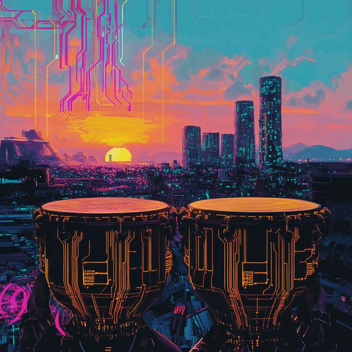 A powerful instrumental track that blends traditional african percussion with modern electronic synths, creating a vibrant energetic fusion that transports listeners from ancient savannahs to futuristic cities