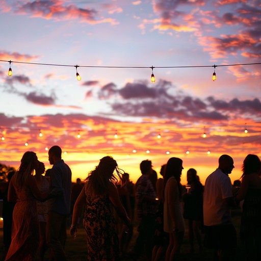 Picture an evening dance event under a warm, glowing sunset. The music is filled with uplifting dance beats and joyous melodies that capture the essence of a perfect summer night, inviting everyone to dance and feel alive.