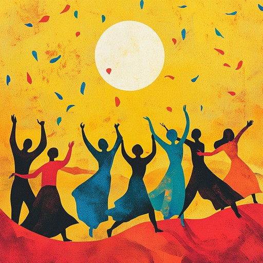 A lively instrumental blending acoustic guitar and spirited percussion, capturing the essence of dancing joyfully during a radiant sunset, invoking feelings of happiness and freedom with its uplifting melodies and upbeat tempo.