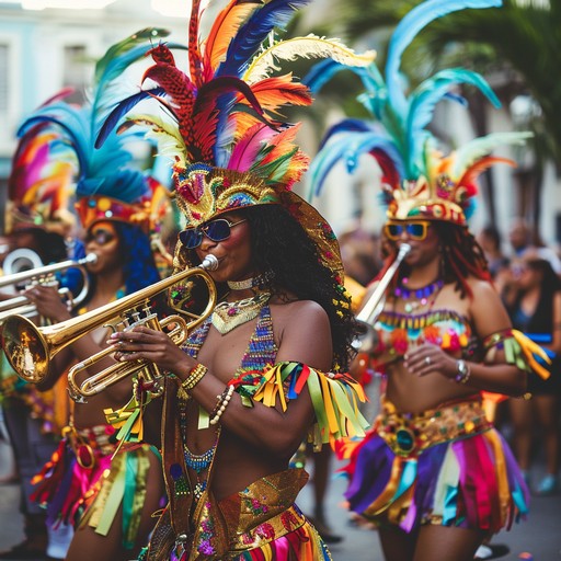 Step into a world where vibrant colors and exuberant sounds converge in a grand parade. The brass band, with its powerful horns, leads the charge, creating an atmosphere of unrestrained celebration and joy. Revelers in splendid costumes dance with abandon, their movements synchronized to the rhythmic beats. The parade embodies the spirit of a carnival, with each note echoing the majesty of the event, stirring the hearts of all who witness it