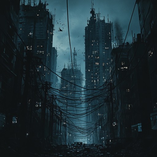 A dark instrumental blending distorted synths and mechanical beats, evoking a dystopian urban landscape filled with decay and technological ruin.