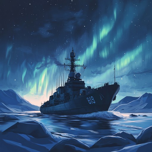 An ethereal instrumental portraying the journey of a russian naval ship gliding silently through the icy waters of the arctic ocean, blending dreamy melodies with the vastness of the sea and the mystery of the northern lights.