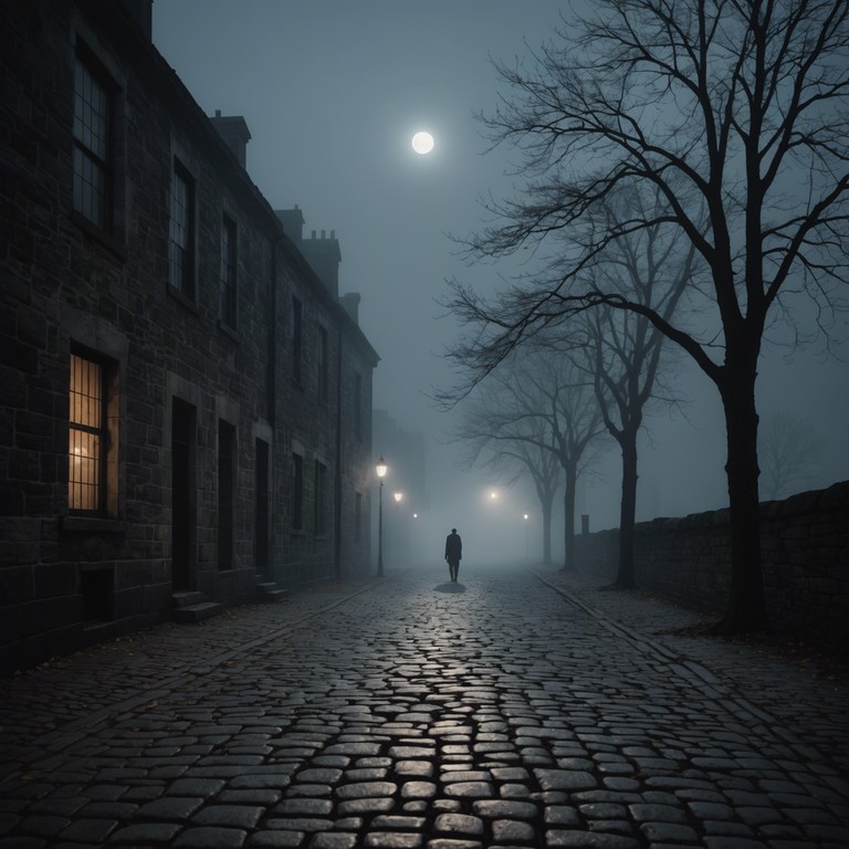 A saxophone's soulful wails pierce the misty night air, echoing off the ancient stone buildings, creating an atmosphere of intrigue and danger. The crescendo builds as a figure shrouded in fog moves steadily closer, the tension palpable in the chilling air of the abandoned urban landscape.