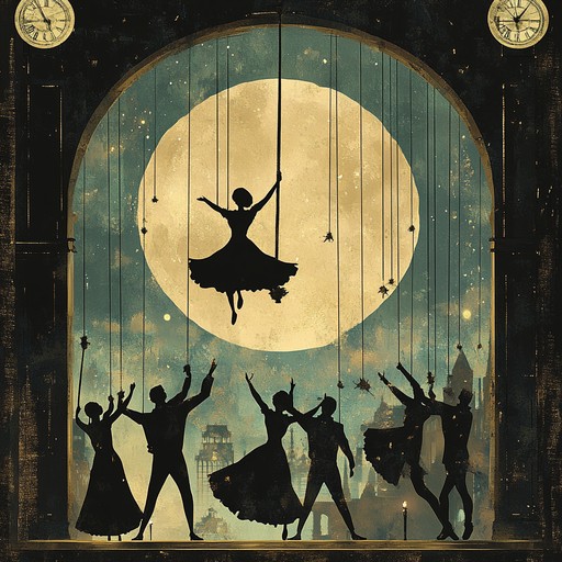 An instrumental piece capturing the whimsical and dramatic essence of mechanical marionettes coming to life at midnight, dancing a mysterious waltz under the moonlight. The music blends the charm of a fairytale with the tension of the unknown, using intricate rhythms and haunting melodies.