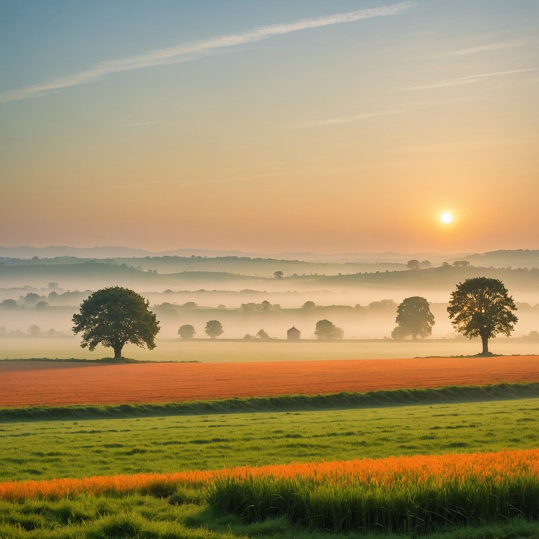 A symphonic journey begins at the crack of dawn, where each instrument contributes to an elevating, heartwarming theme symbolizing renewal and the beauty of nature. It is like witnessing the serene magic of dawn in the lush countryside.