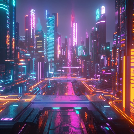 Immerse yourself in the heart of a neon lit metropolis. Pulsating synth melodies weave through the towering skyscrapers, creating a vibrant and futuristic landscape. The dynamic rhythms drive you forward, evoking the essence of 1980s synthwave seeping into the electrified night air.