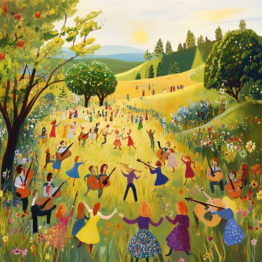 An energetic instrumental folk piece featuring spirited fiddle melodies and rhythmic guitar accompaniments, evoking the joy of dancing in sunlit fields. The tune invites listeners to embrace happiness and communal celebration.