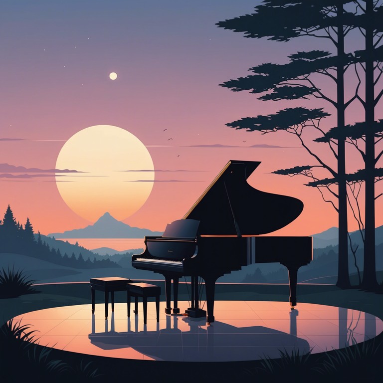 Imagine a serene lounge where gentle music cascades like a soft waterfall, enveloping the night in a cloak of tranquility. Each note from the grand piano adds a layer of soothing sound that lulls listeners into a state of peaceful contemplation. The composition is minimal yet rich, designed to induce relaxation and peace.