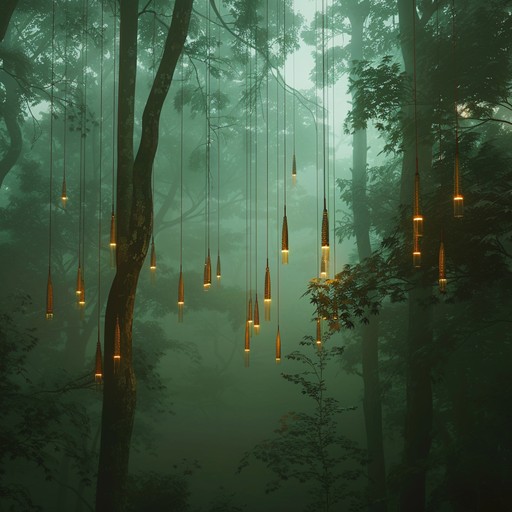 Immerse yourself in an otherworldly forest where wind chimes create ethereal melodies, their harmonious tones blending with nature's whispers. The surreal ambiance evokes a sense of peaceful wonder and mystical serenity, transporting listeners to a dreamscape filled with calm and curiosity