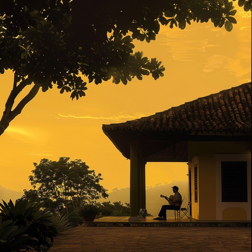 Embrace the peacefulness of brazil's rural evenings through gentle acoustic guitar melodies, characterized by soothing strums and ambient soundscapes. Merging the spirit of sertanejo with calming chillout elements, this track paints a picture of a secluded patio bathed in the golden glow of sunset, inviting listeners to relax and drift into tranquil reverie