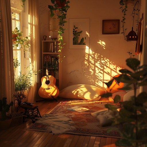 Visualize a lazy sunbeam streaming in through your window as relaxed, intertwined melodies play. Your cozy room becomes a sanctuary of warmth and nostalgia, ideal for a carefree summer day.