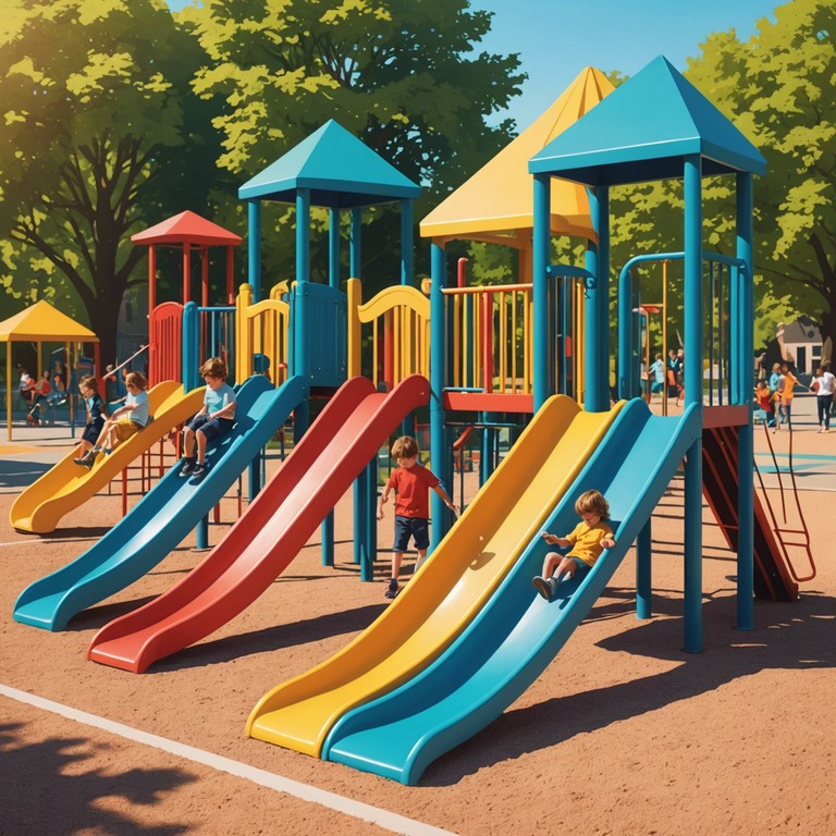 This track captures the cheerful and uplifting spirit of children playing under a bright sunny sky. The music features playful melodies that evoke images of laughter and joyful activity in a colorful playground setting, making it perfect for children's nurseries, family vlogs, and educational videos.