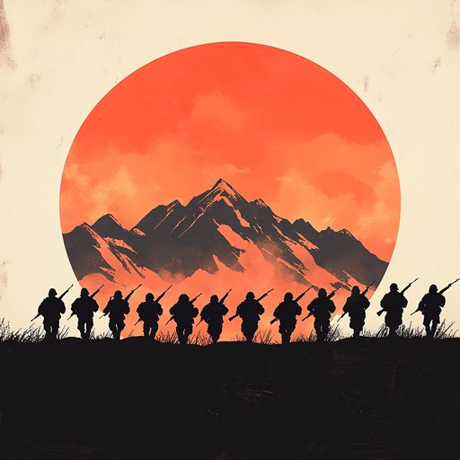 An instrumental piece that builds from soft drumbeats to a powerful orchestral climax, combining traditional military march rhythms with modern electronic elements, evoking the journey of soldiers marching towards a new beginning at the break of dawn.