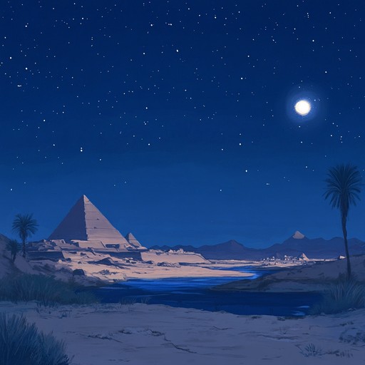 Explore a sonic journey through time with melodies inspired by ancient egyptian culture, resonating under a clear, starry night sky. This evocative piece blends traditional musical elements with ambient, ethereal sounds to recreate the serenity and mystery of egypt at night.