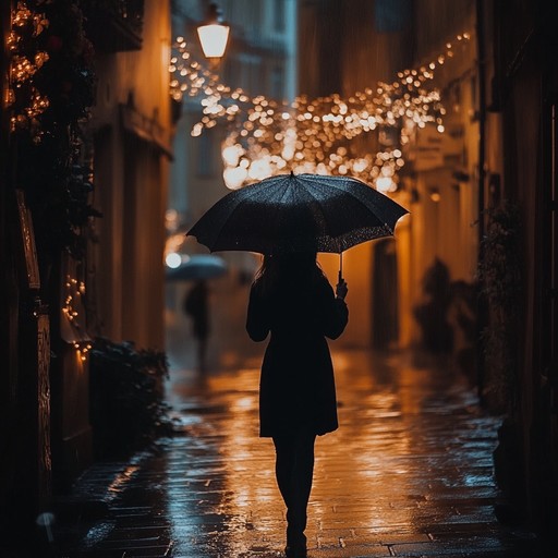 A tender lofi composition blending subtle guitar riffs with ambient rain sounds, creating an atmosphere of introspection and yearning, as if walking alone under the rain lost in thought.