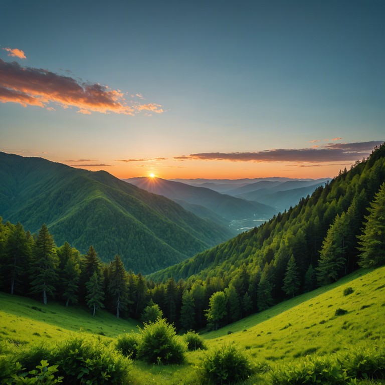 Imagine a musical journey that captures the essence of a bright, cheerful sunrise over the appalachian mountains, featuring intricate banjo melodies that weave through the freshness of a new day, inviting a sense of happiness and renewal.