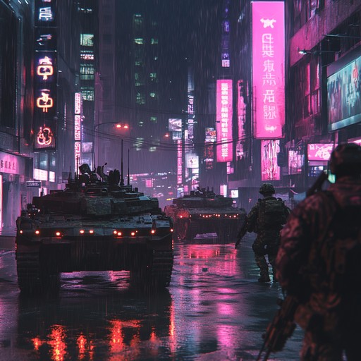 An intense urban military rhythm featuring powerful drums and synthetic sounds, evoking a sense of precision and focus amidst a futuristic city environment. The beat drives forward with determination, embodying the spirit of an ever vigilant city patrol.