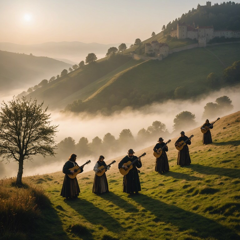 Imagine a scene where the early morning sun rises over lush green hills, casting a warm golden light. A group of troubadours, journeying through medieval landscapes, plays a heartwarming tune that evokes a sense of adventure and optimism. This song captures the essence of their travels, encouraging everyone they encounter to look forward with hope and joy.