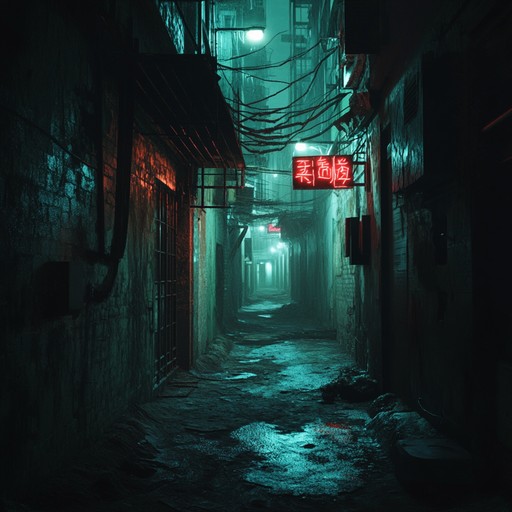 A soundscape filled with spine tingling synths and looming beats creating an atmosphere of suspense and unease, evoking images of a digital dystopia consumed by darkness and mystery