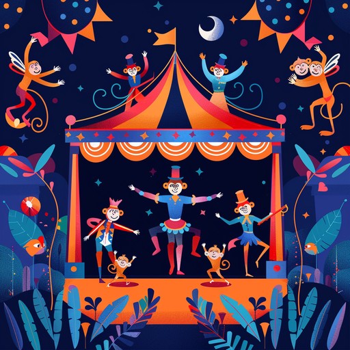 A whimsical tune evoking the playful antics of dancing monkeys on a cabaret stage with vibrant and energetic melodies. The music features upbeat rhythms and fun, bouncy instrumentation, creating an atmosphere that is both quirky and entertaining. Perfect for a vintage circus or playful performance scene.