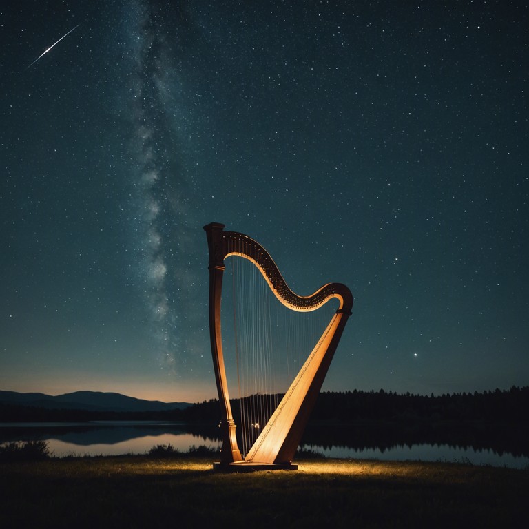 The track exemplifies a journey through an endless celestial landscape, underpinned by ethereal tones that echo across a vast cosmic space, suggesting a universe filled with whispering stars and nebulous clouds. Envision the sound of a single harp accompanying the listener as they drift through the gentle embrace of this otherworldly realm, evoking the quietude and majestic beauty of the stars.