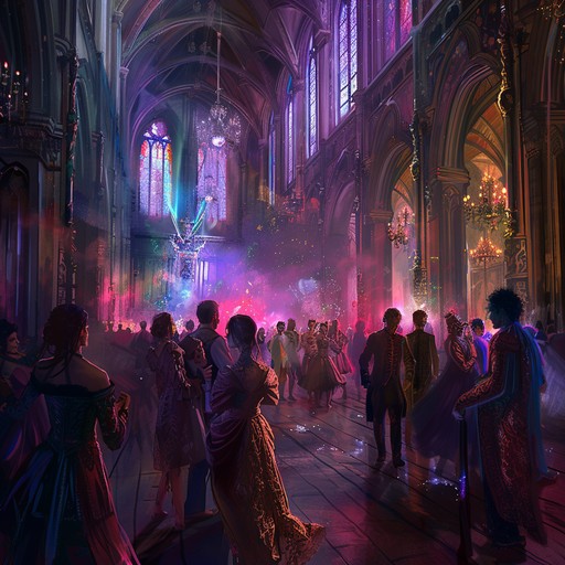 A majestic church organ leads a mysterious yet celebratory procession through gothic corridors adorned with masquerade ornaments. As the melody rises, it blends the somber tones of ancient stone with the sparkle of festive lights, illustrating a paradoxical yet harmonious meeting between the gothic and the jubilant.