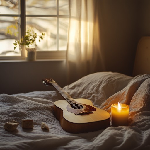 A tender acoustic guitar melody that softly unfolds, mirroring the contemplative stillness of a quiet midnight. The minimalistic approach creates a soothing background for introspective thoughts, making it perfect for those solo, reflective moments in the comfort of one's bedroom.