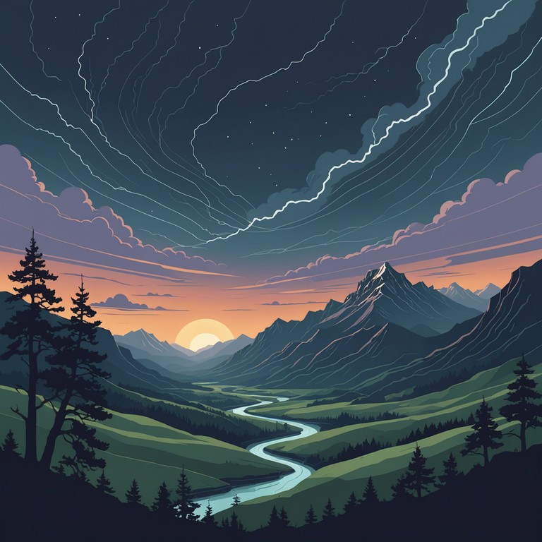 Imagine ancient valleys under stormy skies, the music capturing the grandeur and raw power of nature through an orchestral arrangement. A symphony that builds from a quiet, mysterious start to a thunderous climax, symbolizing the ancient forces of nature clashing above time sculpted landscapes. This piece uses the full range of the orchestra to evoke a sense of awe and majesty, with powerful brass, soaring strings, and dramatic percussion.