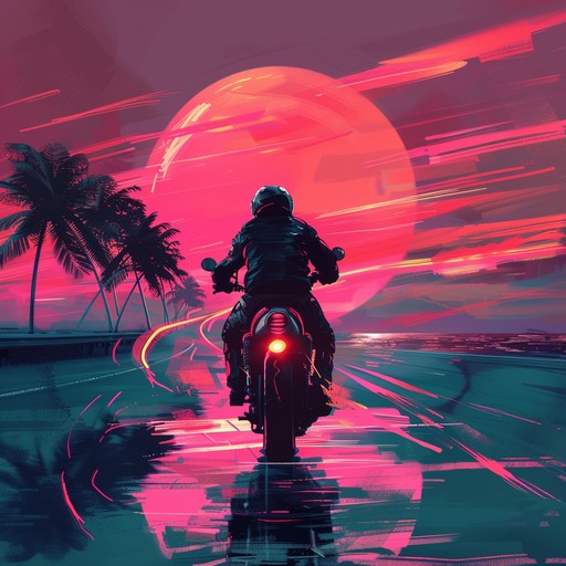 Imagine a smooth, steady cruise down an illuminated city at sunset, with neon signs blinking rhythmically. The soft pulsing of synthwave creates a backdrop that meshes with the gentle roar of the engine and the distant city sounds, crafting an atmosphere of cool, nostalgic comfort