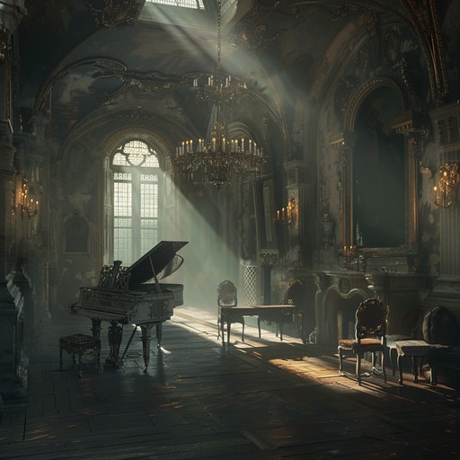 A chilling harpsichord piece with intricate baroque ornamentation, creating an eerie ambience. The music expresses a spectral quality, invoking images of haunted castles and forgotten memories, with its elaborate melodies dancing through the shadows.