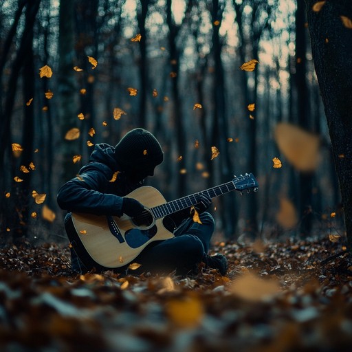 A gentle yet haunting harmony that evokes twilight's melancholic reflections during autumn. Soft acoustic guitar strumming intermingles with somber undertones to craft a soundscape that feels both introspective and reflective. The piece captures the stillness of nature transitioning, offering a deep emotional experience.