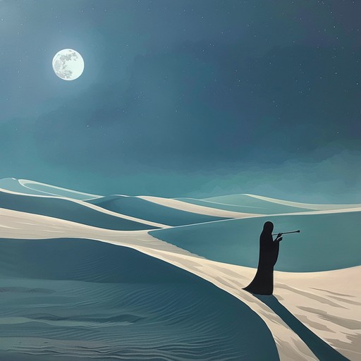 An ethereal journey through the vast desert under a moonlit sky, featuring haunting ethnic melodies and entrancing rhythms. The soundscape is dominated by mystical flutes and ancient drums, evoking the timeless beauty and mystery of the desert. Hypnotic chants weave through the piece, immersing listeners in a mesmerizing auditory experience.