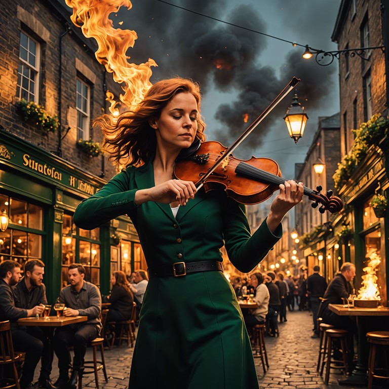 A violin takes center stage, starting with light hearted notes that rapidly transition to intense, fiery sounds, illustrating a dramatic mood swing filled with virtuosity and a touch of humor.