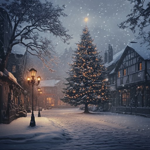 The sound of gentle carillon bells rings through a snowy holiday evening, evoking the warmth and joy of christmas with family and friends gathering around a decorated tree. The melody is cheerful yet soothing, encapsulating the spirit of the season.